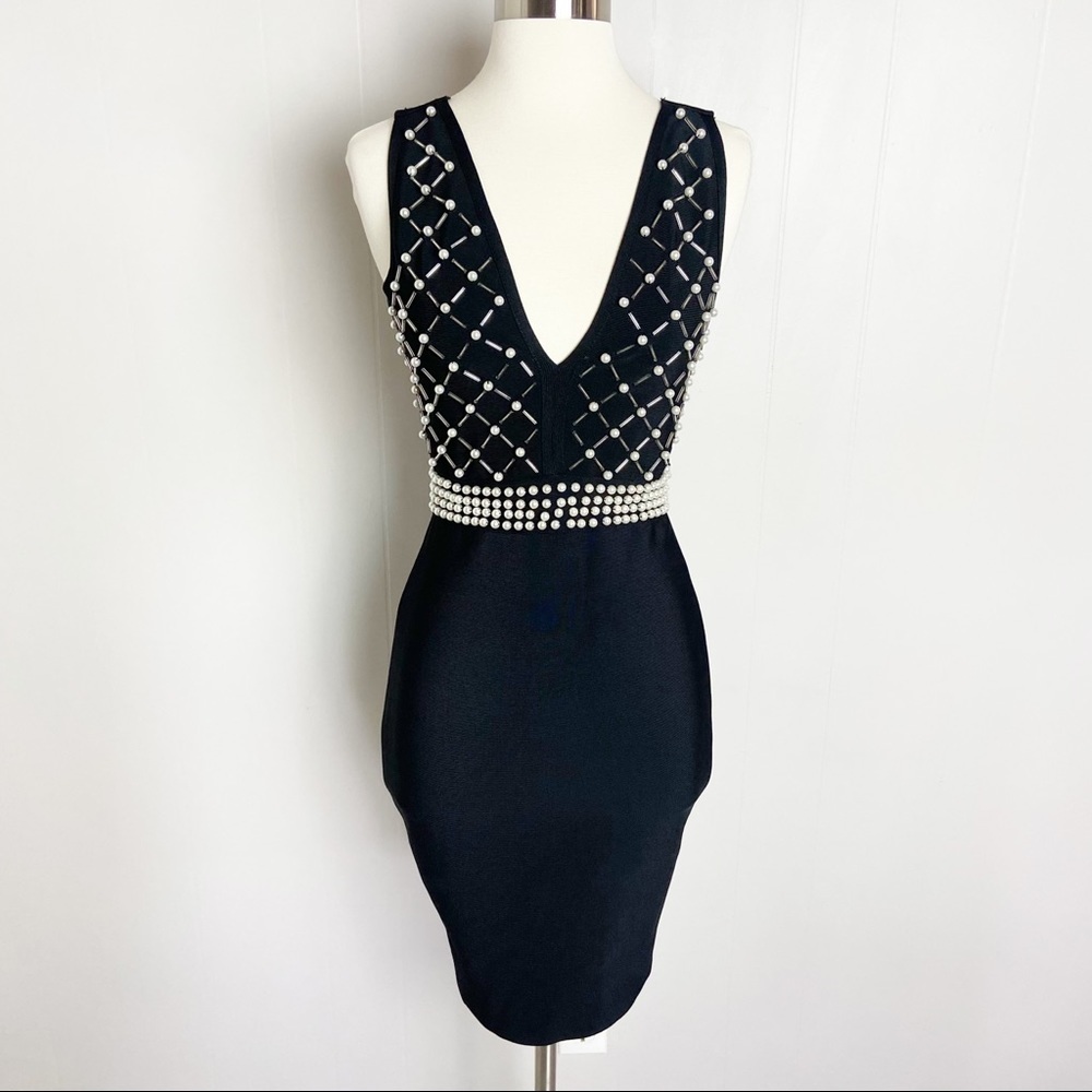 Bebe Body Con Bandage Party Cocktail Dress Black New Size XS 2-4 Pearl Beaded